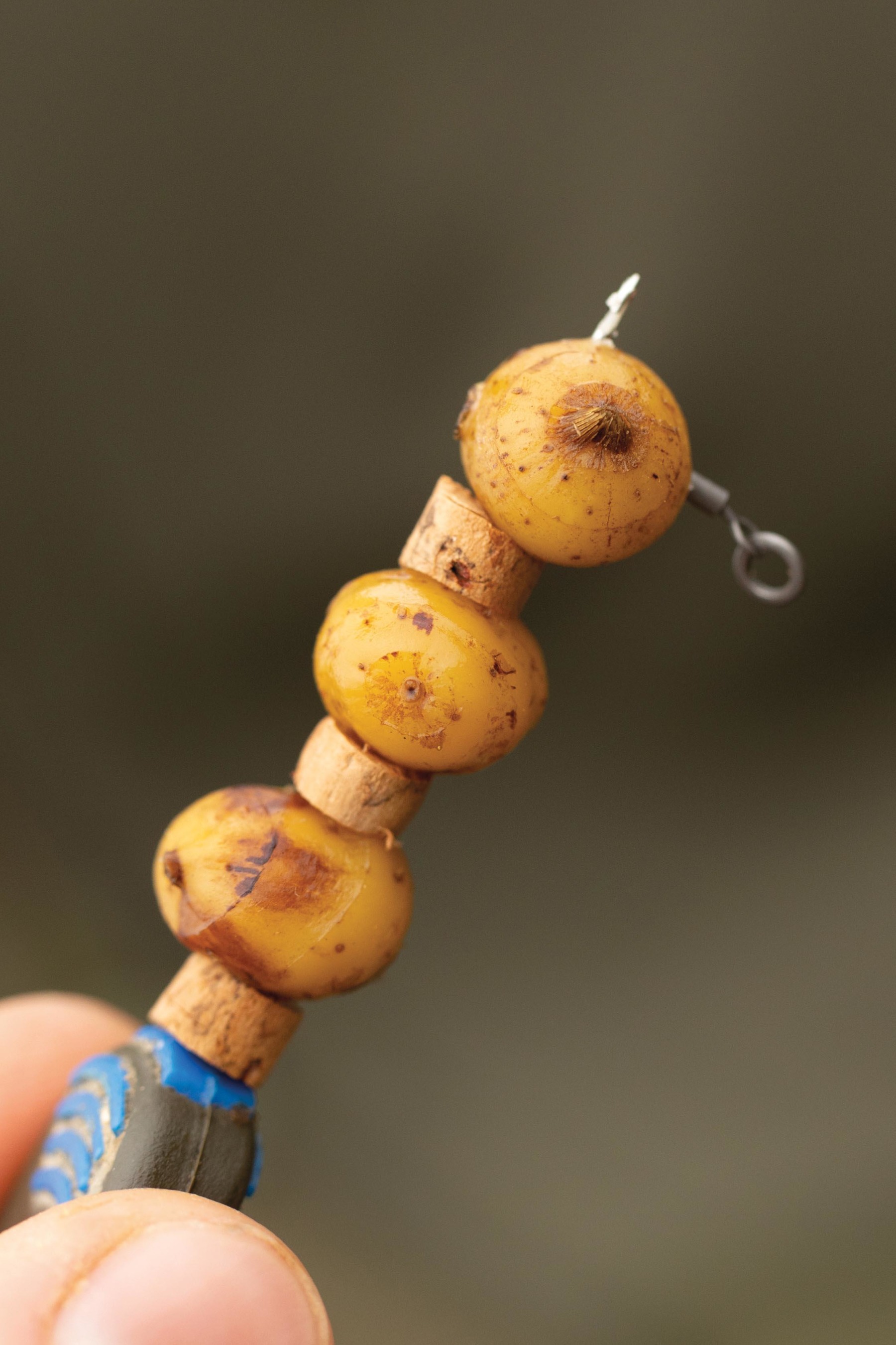5. Alternate cork and nut through your baiting needle. 